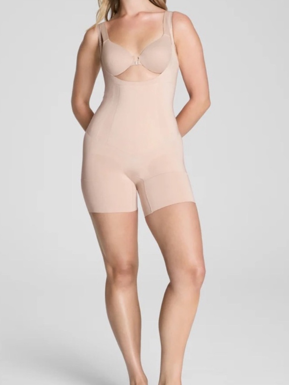 Spanx Sculpt 10130R OnCore Open Bust Mid Thigh Bodysuit Soft Nude Women's small